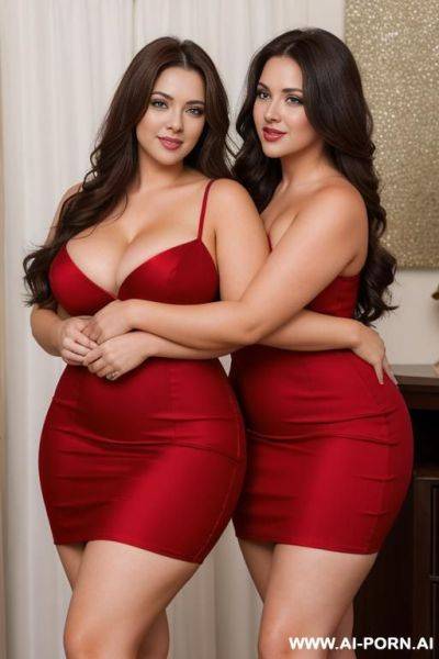 Two busty brunettes in short red dresses, curvy, long hair, hugging - ai-porn.ai on pornsimulated.com