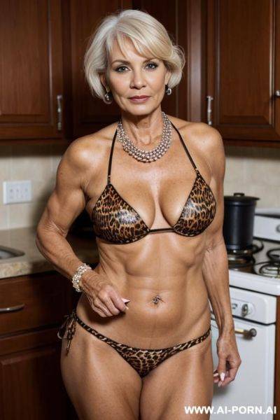 Matured old milf, wrinkles, wrinkled skin, aging marks, extremely tanned skin, animal print hooker bikini, necklace, elries, perfect eyes, waist shot, kitchen - ai-porn.ai on pornsimulated.com