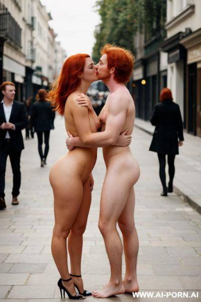 Full naked, no tattoo, standing, in street with a friend, skin, ginger hair, kissing, people watching - ai-porn.ai on pornsimulated.com