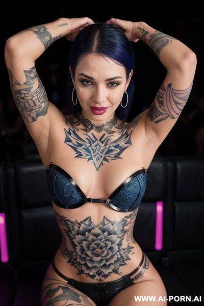 Medium tits, big ass, white caucasian, tall, slightly muscular, blue straight hair, slightly thick thighs, total body fishnet, jeans panties, high heels boot, leather jacket - ai-porn.ai on pornsimulated.com