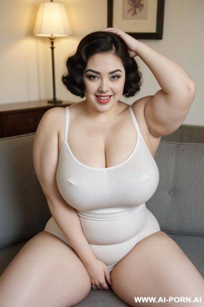 Big tits, chubby, tanktop, slip, (((muscles))), (((pallid white skin))), ((large eyes)), eye contact, (makeup:0.1), ((narrow hips)), thick arms, ((laying down)), couch, open legs - ai-porn.ai on pornsimulated.com