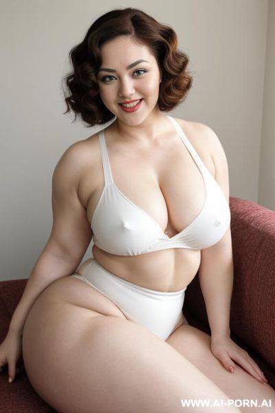 Big tits, chubby, tanktop, slip, (((muscles))), (((pallid white skin))), ((large eyes)), eye contact, (makeup:0.1), ((narrow hips)), thick arms, ((laying down)), couch, cleavage - ai-porn.ai on pornsimulated.com
