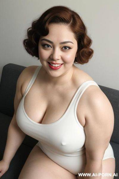 Big tits, chubby, tanktop, slip, (((muscles))), (((pallid white skin))), ((large eyes)), eye contact, (makeup:0.1), ((narrow hips)), thick arms, laying down, couch, - ai-porn.ai on pornsimulated.com