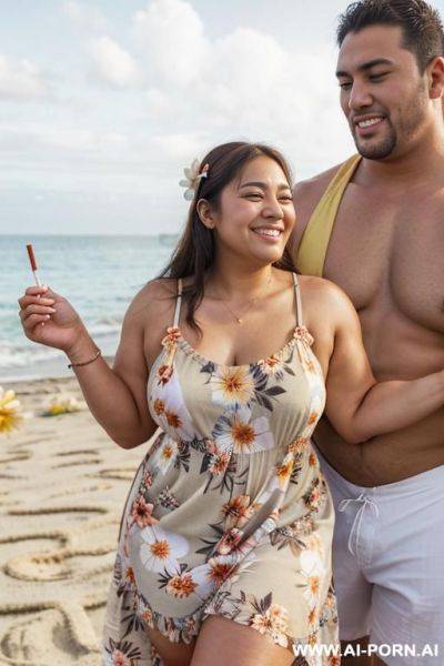 ((flower sundress)), ((thick)), beach festival, summer party, ((double chin)). a fat thick shorty filipina milf is posing in the beach with (((a very tall muscular fit man))). she is holding a - ai-porn.ai on pornsimulated.com