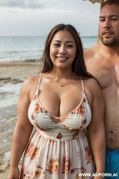 ((flower sundress)), (((cleavage))), ((thick)), beach festival, summer party, ((double chin)). a fat thick shorty filipina milf is posing in the beach with (((a very tall muscular american man))). - ai-porn.ai - Usa on pornsimulated.com