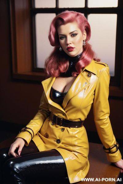 Female main character of "basic instinct" movie , makeup, leather, beautiful, cleavage, realistic, front faceing, dark red latex trench coat, professional photo - ai-porn.ai on pornsimulated.com