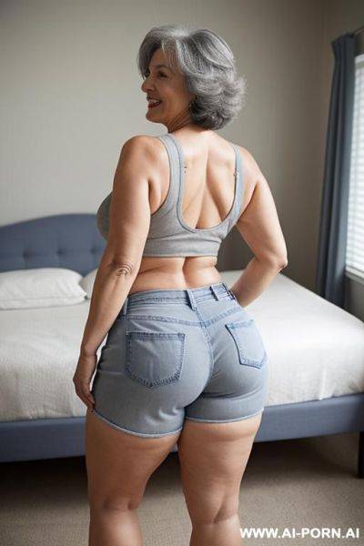 Back view, big ass, 0-years-old grandmother, voluptuous body, standing, short gray hair, big smile, very visible signs of aging, wearing blue jean shorts and a white tank top, luxurious room - ai-porn.ai on pornsimulated.com