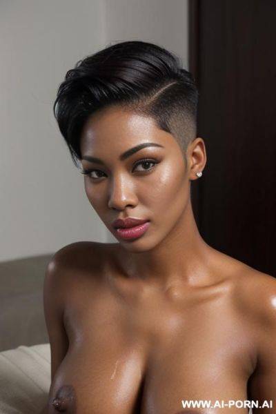 Totally naked. female. ultrarealistic. sexy. thick shiny body, naked pussy. wide hips. pretty face. ((perfect brown skin)). (((big full pouting lips))). ((sexy seductive orgasmic smirking)). ((short gelled side-swept undercut hair)) ((undercut hair)) - ai-porn.ai on pornsimulated.com