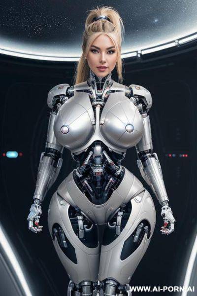 (((realistic look, super realistic))) ((spaceship)) ((front view)) (((beautiful cyborg woman))) (((sexy cyborg woman))) ((blonde)) ((long ponytail hairstyle)) (((perfectly beautiful face, sexy plump lips))) - ai-porn.ai on pornsimulated.com