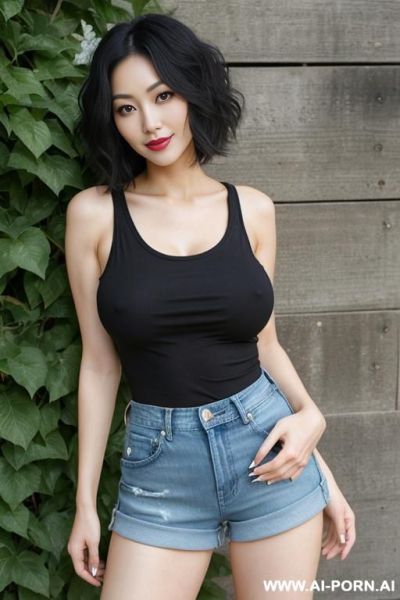 Pretty, japanese, 30, short wavy hair, black hair, natural boobs, slight smile, makeup, eye shw, standing, spreading legs, sleeveless t-shirt, denim shorts, walled garden background. - ai-porn.ai - Japan on pornsimulated.com
