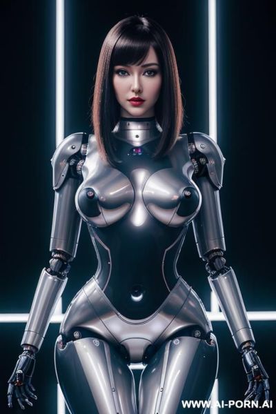 (beautiful very real very detailed robot doll total meccanical artificial robot body woman) with long black hair and black-white glossy rubber latex glass transparent colored skin threads, glowing - ai-porn.ai on pornsimulated.com