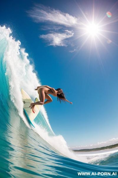Naked woman surfer diving under a wave with her surfboard - ai-porn.ai on pornsimulated.com