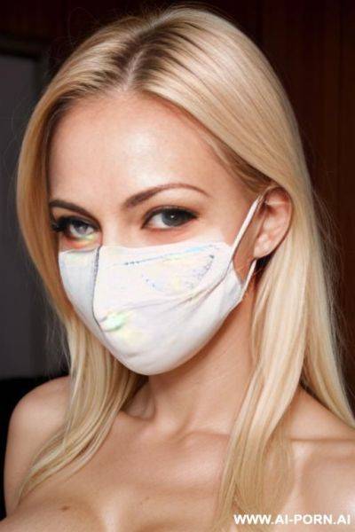 Totally naked busty white woman, blonde hair, wearing a mask covering her eyes and nose and mouth, sweating, cum all over, super horny - ai-porn.ai on pornsimulated.com
