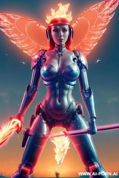 ((((masterpiece)))), (((woman flying))), (((glowing red eyes))), (((long rainbow-pearl-metalic-hair))), ((crop top white collar shirt with red tie)), ((((flaming angel wing)))), ((navy formal )), (((electric - ai-porn.ai on pornsimulated.com