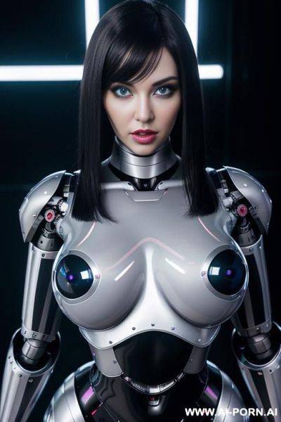 (realistic very detailed robot total meccanical artificial robot body woman) with long black hair and black glossy latex glass transparent colored skin threads, glowing blue robotic eyes, and a - ai-porn.ai on pornsimulated.com