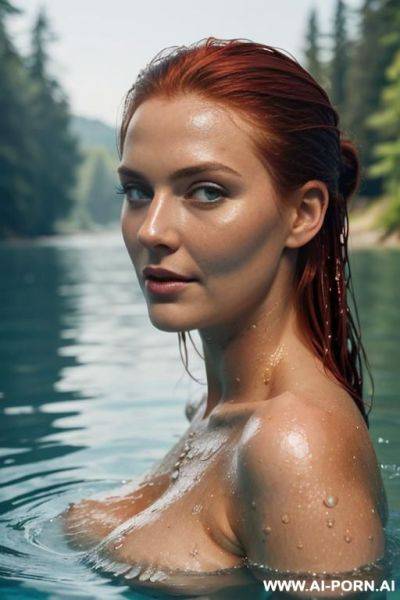 Beautifull women, supermodel, blue eyes, swimming, lake in the forest, in a lake, submerged, wet hair, high cheekbones, wet hair slicked back, f cup, underwater, head and shoulders sticking out - ai-porn.ai on pornsimulated.com