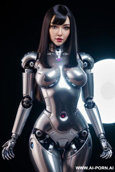 (beautiful very real very detailed robot doll total meccanical artificial robot body woman) with long black hair and black-white glossy rubber latex glass transparent colored skin threads, glowing - ai-porn.ai on pornsimulated.com