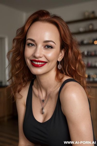 Milf sexbot, front view, full body view, looking at viewer, seductive smile, pretty face, blonde hair, big lips, heavy makeup, in mansion living room, ((keep body)), ((keep face)), - ai-porn.ai on pornsimulated.com