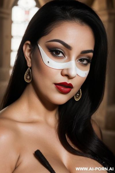 Close up portrait of a woman wearing a bandits mask with holes that expose her eyes & mouth. makeup, dark eye makeup & red lipstick, (((keep face))) - ai-porn.ai on pornsimulated.com