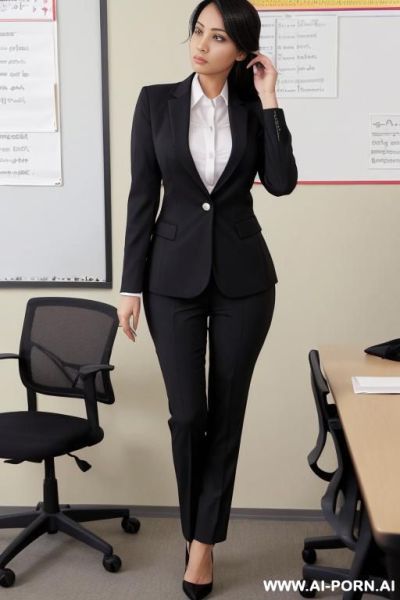 Sara jay, mature woman, office setting, suitpants, busty, round ass, adjusting hair, bobcat, heels, taking notes - ai-porn.ai on pornsimulated.com