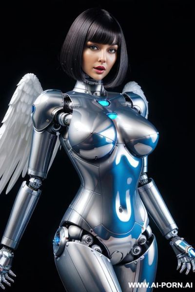 (beautiful very real very detailed angel robot tranformer style robo-cop robot doll total meccanical artificial robot body woman) with long black hair and black-white sky blue glossy glass rubber - ai-porn.ai on pornsimulated.com