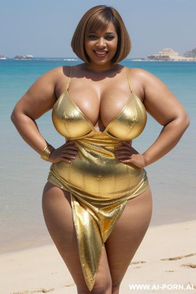Egyptian queen wearing a golden dress, (bobcut hairstyle), (((massive huge breasts))), full body view, photorealistic, ((chubby woman)), ((wide hips)), ((huge butt)), beach, smiling, ((showing armpit)), (fifty years old) - ai-porn.ai - Egypt on pornsimulated.com