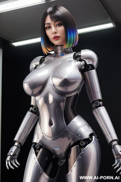 (beautiful very real very detailed robot doll total meccanical artificial robot body woman) with long black hair and black-white glossy glass rubber latex transparent colored skin threads, glowing - ai-porn.ai on pornsimulated.com