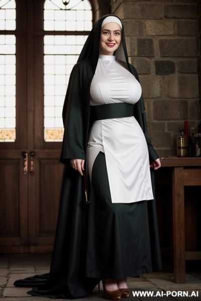 Photo realistic. beautiful irish woman dressed as a nun, wearing a traditional habit & wimple. skirt raised so that you can see she is wearing stockings & high heels. dark eye makeup. natural lipstick. - ai-porn.ai - Ireland on pornsimulated.com