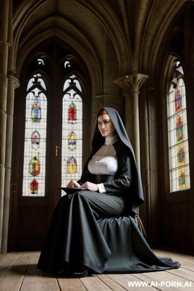 Beautiful nun dressed in traditional habit & wimple. skirt raised so that you can see she is wearing stockings & high heels. - ai-porn.ai on pornsimulated.com