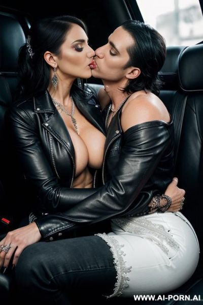 ((((latina milf kissing two men in a back seat of a limo)))) with (((((gigantic tits))))) , (makeup) , (((tight black leather jacket))) (((tight jeans))) (((((kissing two men))))) (((boots))) ((((big ass)))) (((((orgy))))) - ai-porn.ai on pornsimulated.com