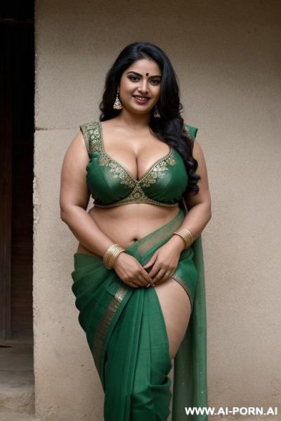Indian chubby, busty aunty, curvy, wearing green semi nude sari, erotic smiling face, narrow open blouse, torn saree exposing pubic area, hairy pubic, pussy slip, downblouse, huge cleavage, dark - ai-porn.ai - India on pornsimulated.com