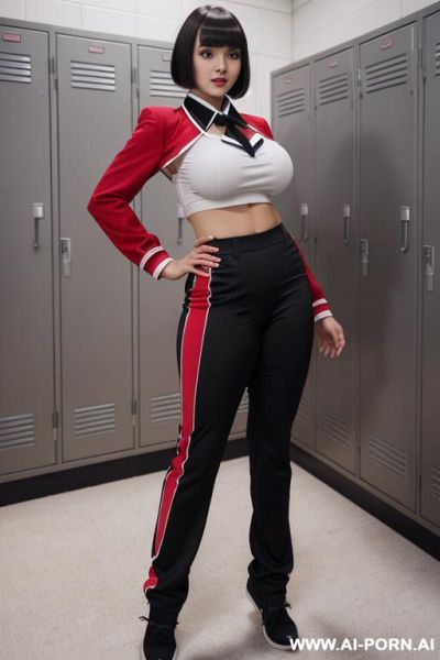 (huge massive gigantic boobs) with (massive ass), (cheerleader uniform) with (pants), (pretty), (japanese), (standing up), (full body), (realistic), (20 years old), (bangs) with (black) and (short hair), (locker room), (full view) - ai-porn.ai - Japan on pornsimulated.com