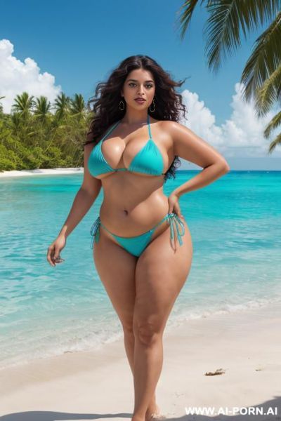 4k hyperrealistic, full-body portrait, voluptuous romani female character, barefoot, wide hips, thick strong thighs, plush legs, long dark curly hair, confident playful pose, aqua blue high-cut bikini, - ai-porn.ai on pornsimulated.com