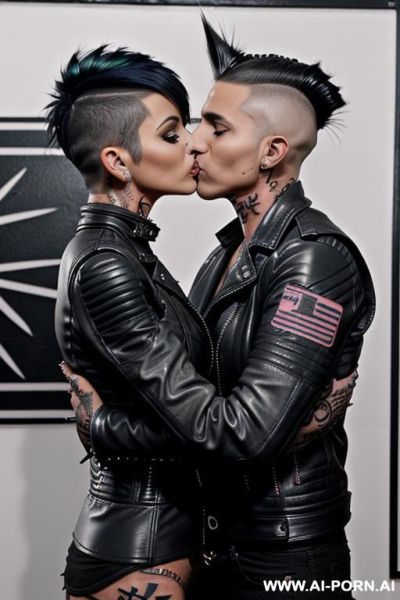 (((((tattooed latina milf kissing a man))))) with ((((gigantic tits)))) ((makeup)) , ((((tight black leather jacket)))) (((mohawk hair))) - ai-porn.ai on pornsimulated.com