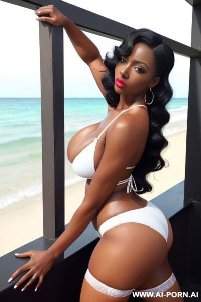Round massive tits, huge fat ass, thick hips, long iful hair, pink lipstick, ((white micro bikini)). - ai-porn.ai on pornsimulated.com