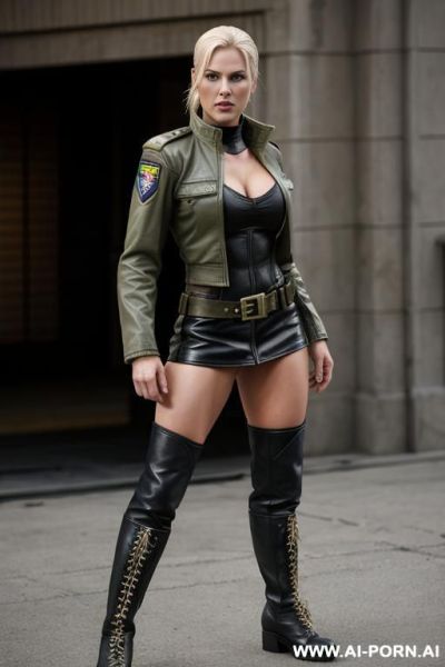 A character from the mortal kombat film, sonya blade, blonde, wearing a short military jacket and leather boots. - ai-porn.ai on pornsimulated.com