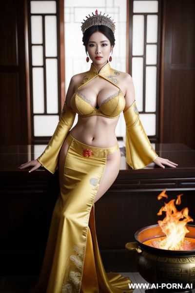 Ultratealistic photo, empress of china, nude, use traditional chinese dress, royal dress and tiara, fire burning in cauldrons in some places,, - ai-porn.ai - China on pornsimulated.com