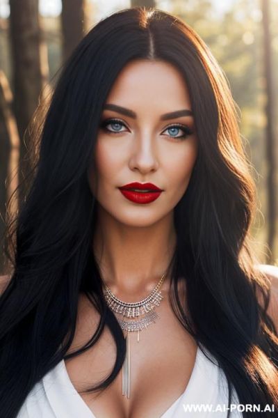 Gorgeous cacked woman with long hair and blue contact lenses, red lipstick. bright morning sunlight from a strong, directional light source creates distinct shws on her face and long, layered. she is revealing her breasts. she is wearing a necklace. - ai-porn.ai on pornsimulated.com