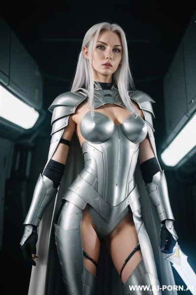 Space aegis woman, sinewy athletic body, ((topless)), (nude boobs), ( sharp nipples), (((white-gray skin))), (elegant sharp boobs), dominant woman, proud body pose, (elegant shape), front view, (eye - ai-porn.ai on pornsimulated.com