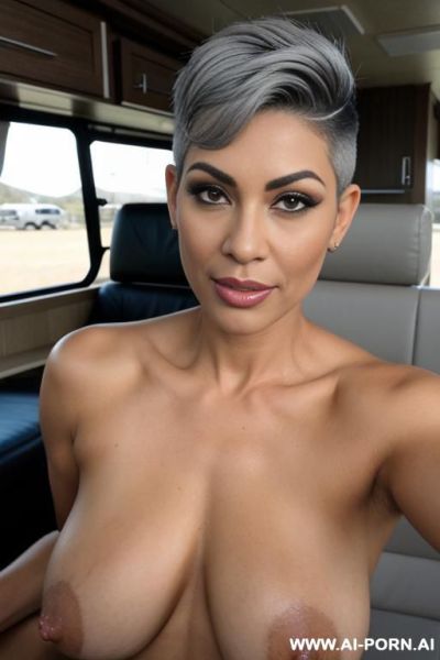 Glamour persian full naked, on the bed in motorhome, short pixie hair with shaved sides (( grey hair )), - ai-porn.ai - Iran on pornsimulated.com