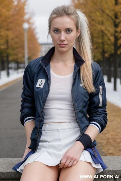 (long hairy pussy), athletic tits, no makeup, without makeup, natural face, inverted nipples, naked, ((wears only her jacket open, shows her breasts, wears white cotton socks that reach the knee)), no skirt - ai-porn.ai on pornsimulated.com