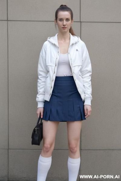 (long hairy pussy), athletic tits, natural face, inverted nipples, naked, ((wears only her jacket open, shows her breasts, wears white cotton socks that reach the knee, without skirt, no skirt, pretty face, white cotton socks)), very body, body - ai-porn.ai on pornsimulated.com