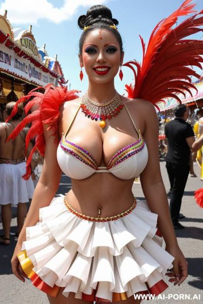 In carnival, carnival woman, fairly whiteskin, wear a sexy colorful ruffled carnival woman outfit, huge boobs, nude - ai-porn.ai on pornsimulated.com