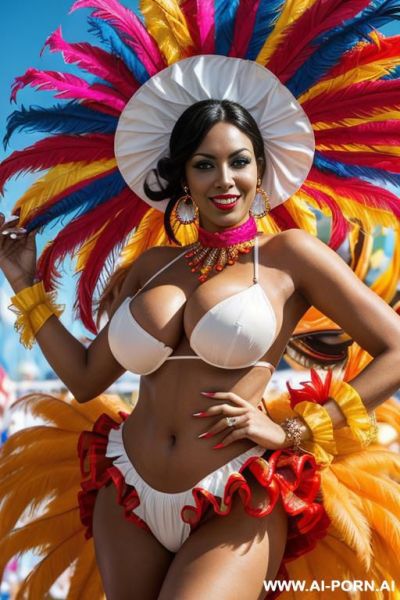 In carnival, carnival woman, fairly skin, wear a sexy colorful ruffled carnival woman outfit, huge boobs, nude - ai-porn.ai on pornsimulated.com