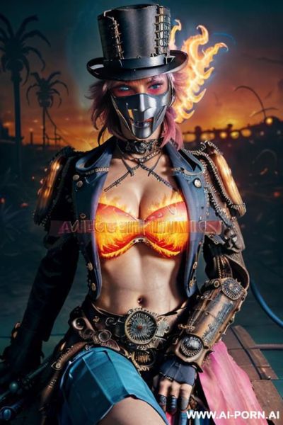 ((((masterpiece)))), (((woman sitting))), (glowing red eyes), (long blue purple and white hair with a flower), ((crop top white collar shirt with red tie)), ((((flaming angel wing)))), ((navy formal - ai-porn.ai on pornsimulated.com