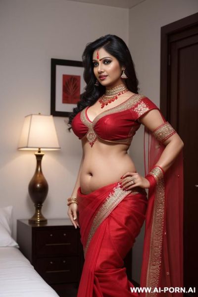 Indian wife in red saree, ultra detailed image, she looks at viewer, front view, thick, medium breast, medium ass, black hair slicked, full body, belly dancer, bedroom. - ai-porn.ai - India on pornsimulated.com
