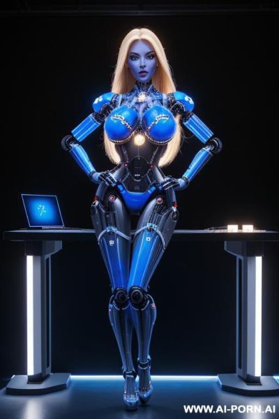 Robot, front view, full body view, standing, hands on spaceship control desk, looking at viewer, beautiful seductive human face with tanned silicone skin, long straight blonde hair, big lips, wide - ai-porn.ai on pornsimulated.com