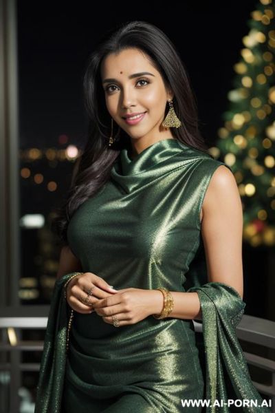 (((asin))), (( shiny sparkling green silk sleeveless christmas patterned crew neck dupatta)), (christmas), standing in a fancy luxurious night club, ((smiling at the camera)), photorealistic, indian dark - ai-porn.ai - India on pornsimulated.com