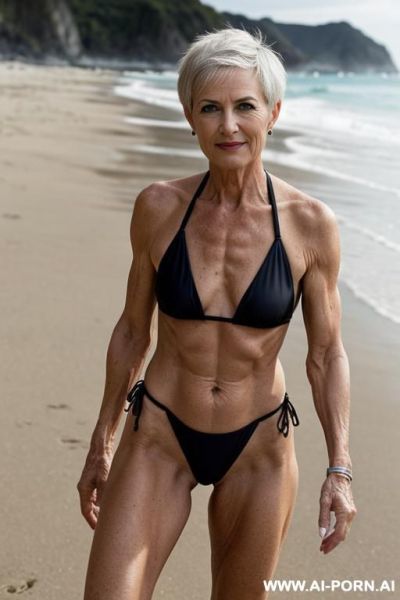 Short hair, pixie hair, full body, on the beach, slut, gilf, wrinkles, micro bikini, age marks, full standing, sling bikini, water shoes, sporty bikini, tan lines - ai-porn.ai on pornsimulated.com