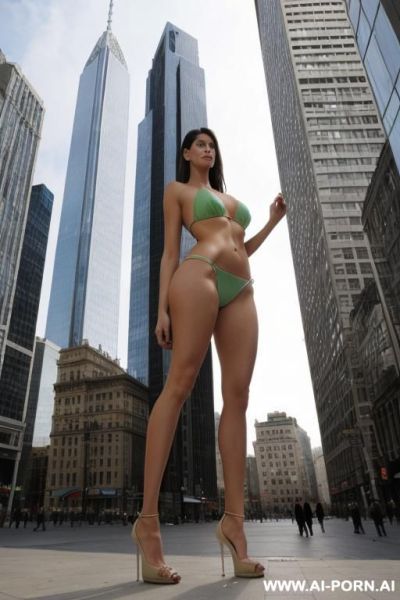 At the feet of a tall giantess with huge, very long, slender feet. she is standing up taller than buildings around her. (((her feet are enormous))) - ai-porn.ai on pornsimulated.com